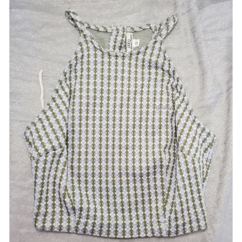 VTG GUESS Women Small Green Blue Gingham Checkered Halter Crop Top Button Detail